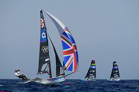 Women's 49erFX skiff class race during Paris olympics Sailing